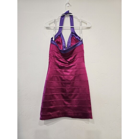 MORGAN & CO Y2K 1990's Bright Pink Purple Satin Ruched Halter Neck Mini Dress XS - Picture 3 of 6